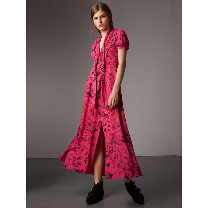 Burberry Burberry Doodle Print Silk Tie-neck Dress, Size: 06