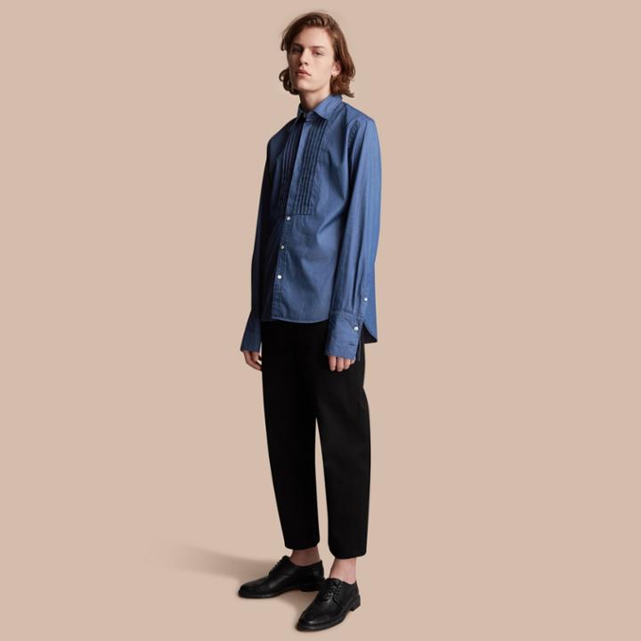Burberry Burberry Unisex Double-cuff Pintuck Bib Cotton Shirt, Blue