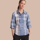 Burberry Burberry Ruffle Detail And Lace Trim Check Cotton Shirt, Size: 06, Blue