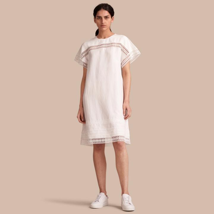 Burberry Burberry Short-sleeved Macram Lace Detail Silk Blend Dress, Size: 06, White