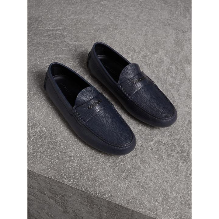 Burberry Burberry Grainy Leather Loafers With Engraved Check Detail, Size: 39.5, Blue
