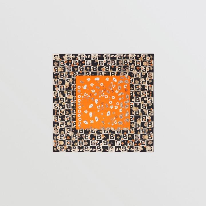 Burberry Burberry B Motif And Floral Print Silk Square Scarf, Orange