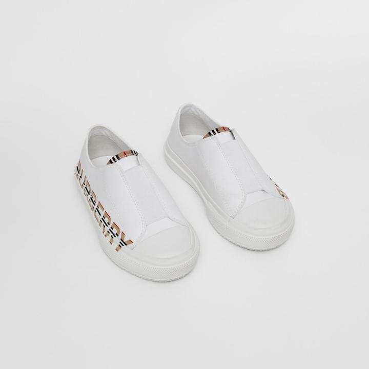 Burberry Burberry Childrens Icon Stripe Logo Print Cotton Gabardine Sneakers, Size: 24, White