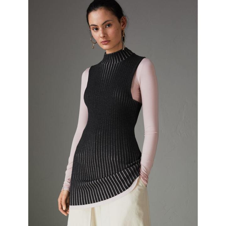 Burberry Burberry Sleeveless Rib Knit Cashmere Silk Turtleneck Sweater, Grey