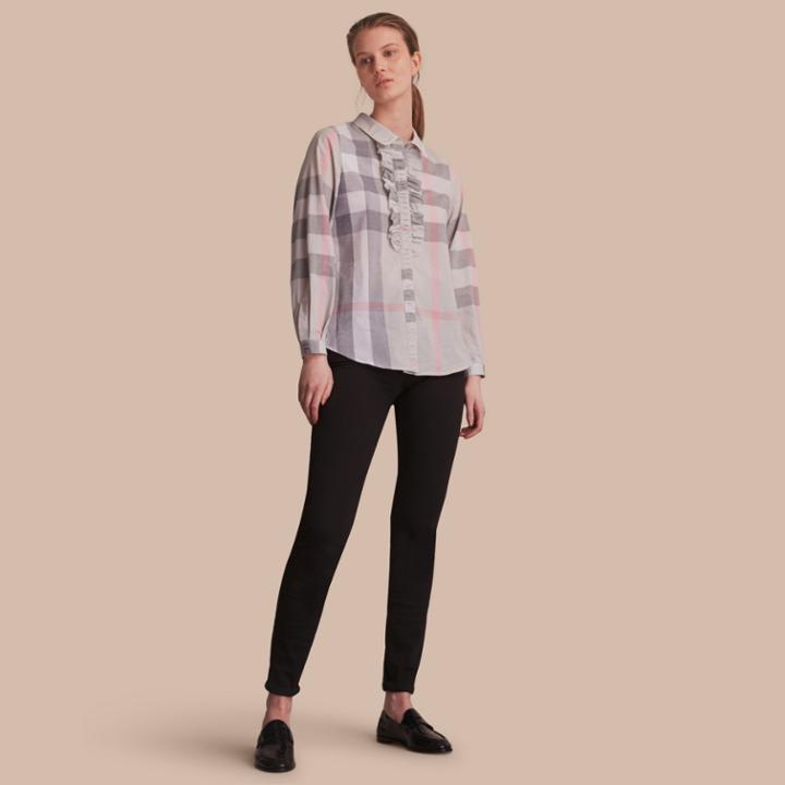 Burberry Burberry Ruffle Detail And Lace Trim Check Cotton Shirt, Size: 04, Beige