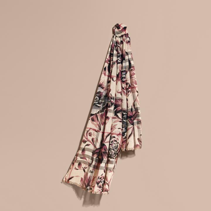 Burberry Burberry Peony Rose Print Check Wool Silk Scarf, Purple