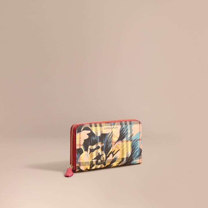 Burberry Burberry Peony Rose Print Haymarket Check And Leather Ziparound Wallet, Pink