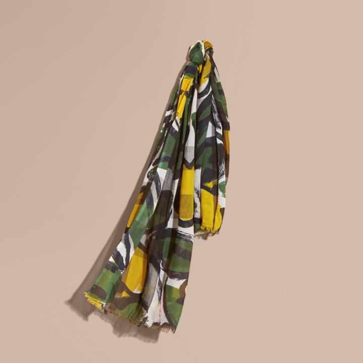 Burberry Burberry Painterly Print Check Modal, Silk And Cashmere Scarf, Green