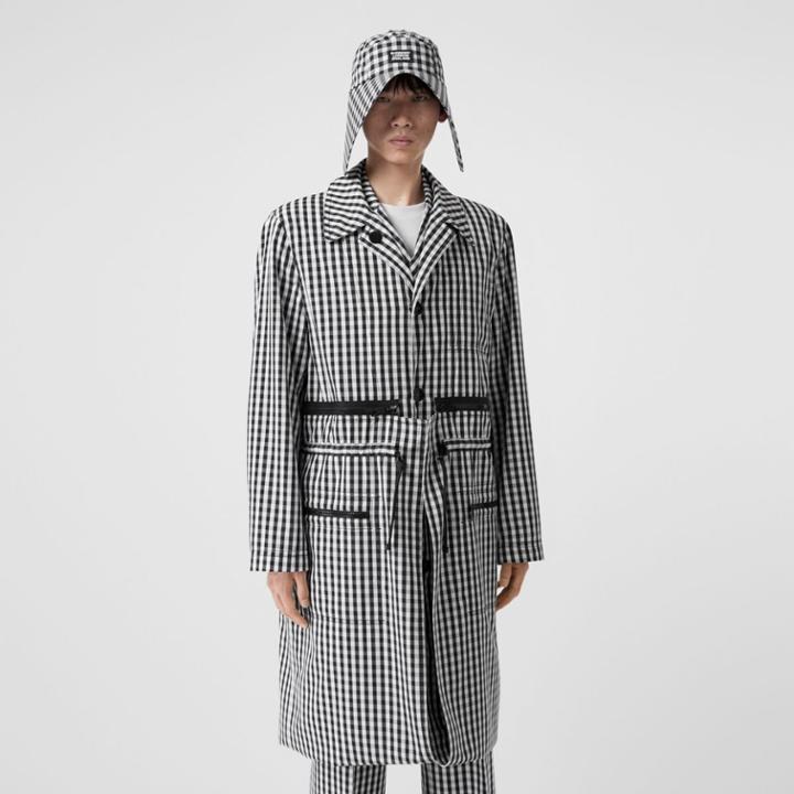 Burberry Burberry Gingham Technical Wool Loop-back Car Coat, Size: 58, Black