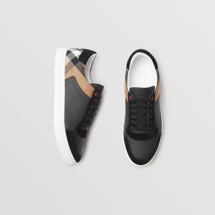 Burberry Burberry Leather And House Check Sneakers, Size: 45, Black