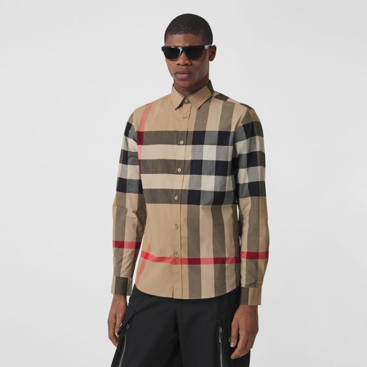 Burberry Burberry Check Stretch Cotton Poplin Shirt, Size: Xl, Beige