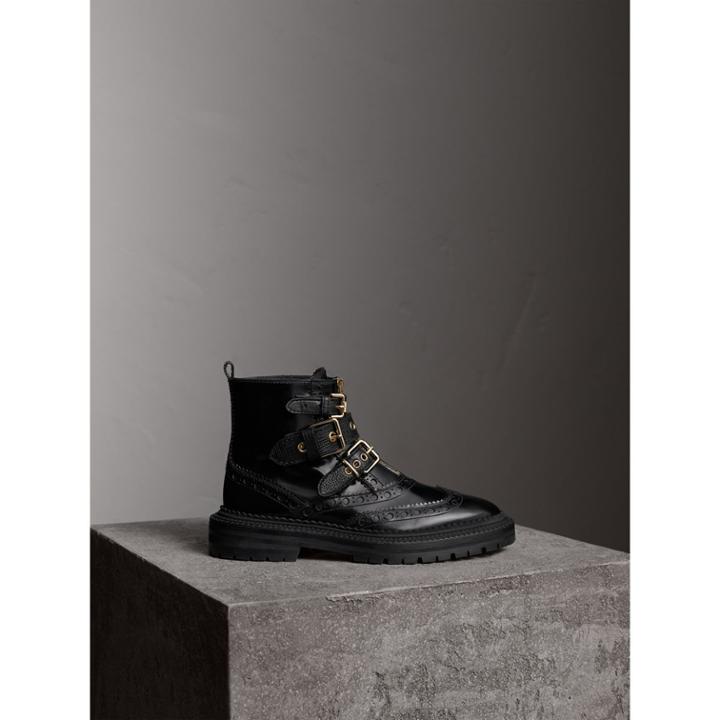 Burberry Burberry Buckled Leather Brogue Ankle Boots, Size: 37, Black