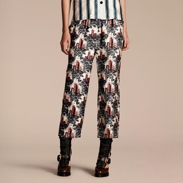 Burberry Castle Print Silk Twill Cropped Pyjama-style Trousers