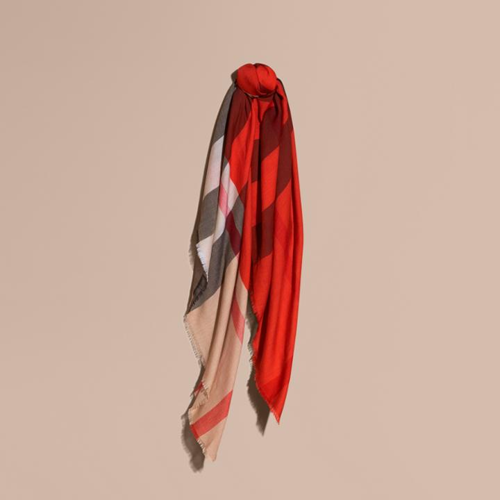 Burberry Burberry Lightweight Silk Wool Blend Check Square Scarf, Red