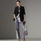Burberry Burberry Stripe Detail Scribble Check Silk Tailored Track Pants, Size: 04, Blue