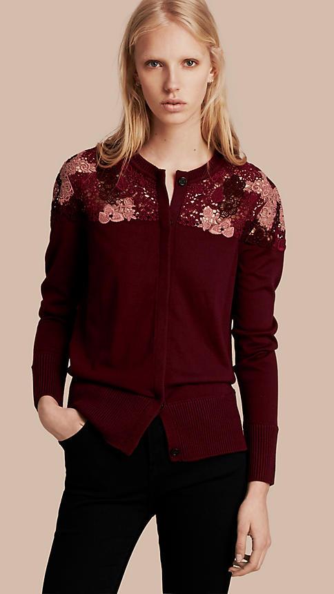Burberry Lace Yoke Merino Wool Cardigan