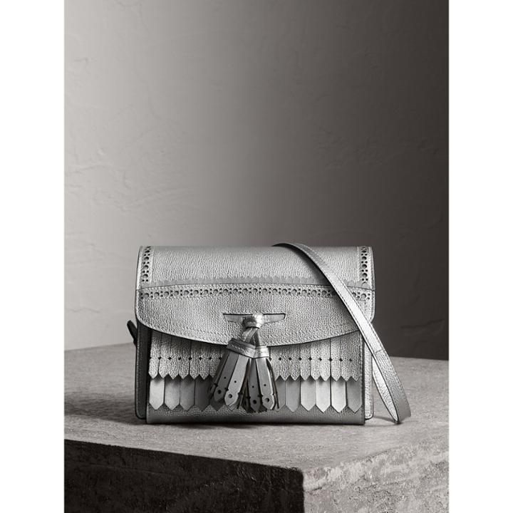 Burberry Burberry Brogue Detail Metallic Leather Crossbody Bag, Grey