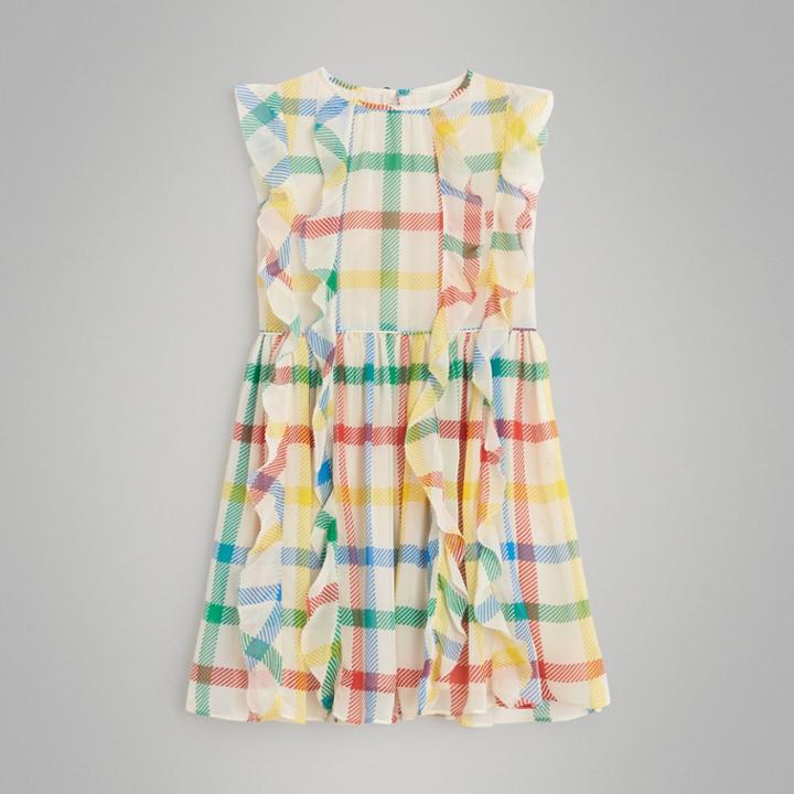 Burberry Burberry Ruffle Detail Check Silk Chiffon Dress, Size: 12y