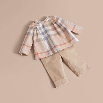 Burberry Burberry Peter Pan Collar Pintuck Detail Check Cotton Top, Size: 6m, Beige