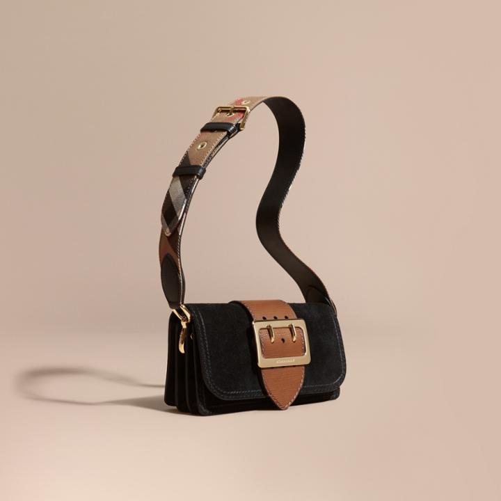 Burberry Burberry The Small Buckle Bag In Suede With Topstitching, Black