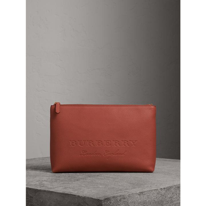 Burberry Burberry Large Embossed Leather Zip Pouch, Brown