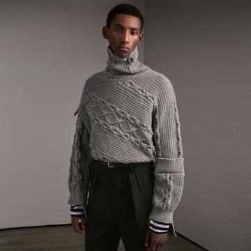 Burberry Burberry Cable And Rib Knit Collage Cotton Blend Sweater, Size: Xl, Grey
