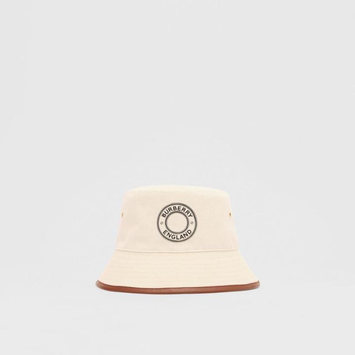 Burberry Burberry Leather Trim Logo Graphic Canvas Bucket Hat, Beige