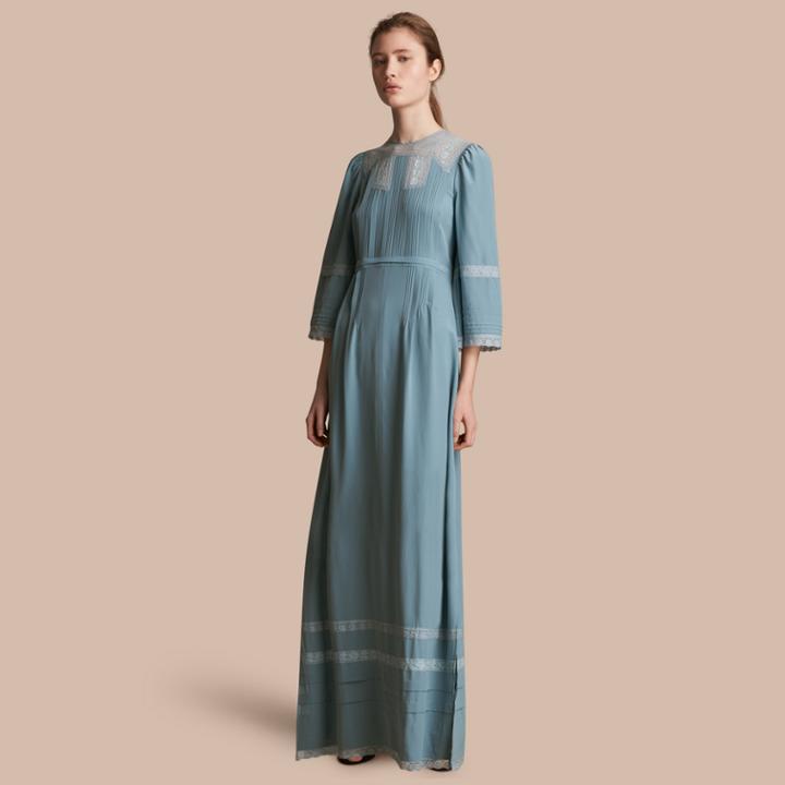 Burberry Burberry Lace And Pintuck Detail Silk Dress, Size: 02, Blue