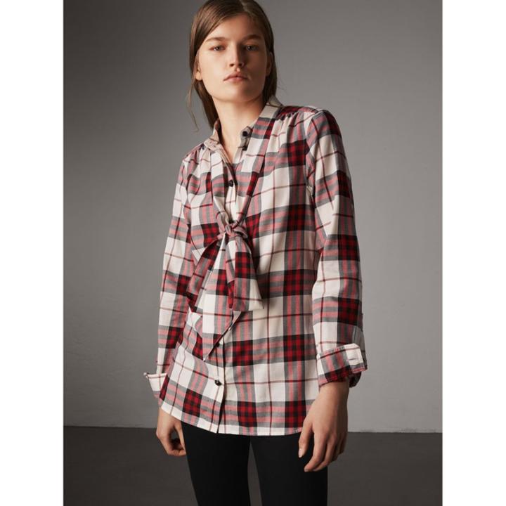 Burberry Burberry Pussy-bow Check Flannel Shirt, Size: 06, Red