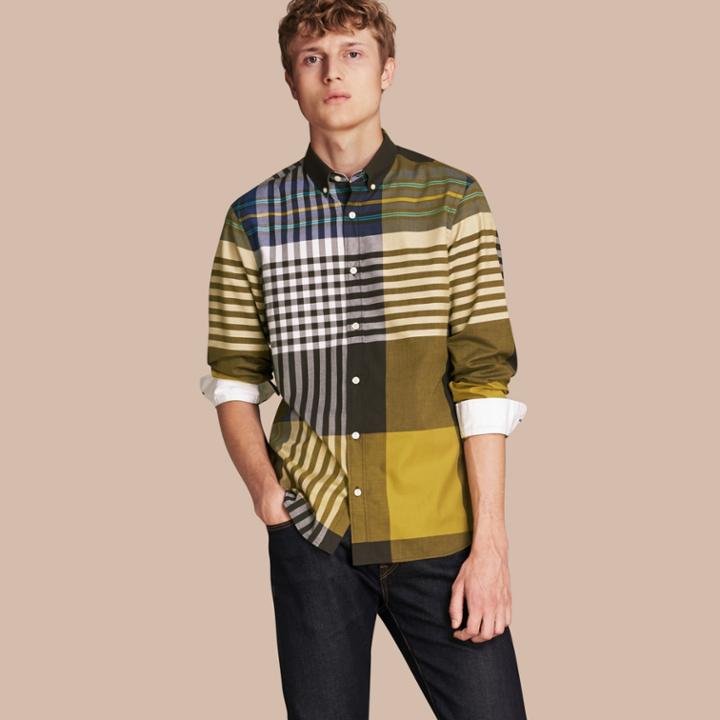Burberry Burberry Graphic Tartan Cotton Shirt, Size: L, Yellow