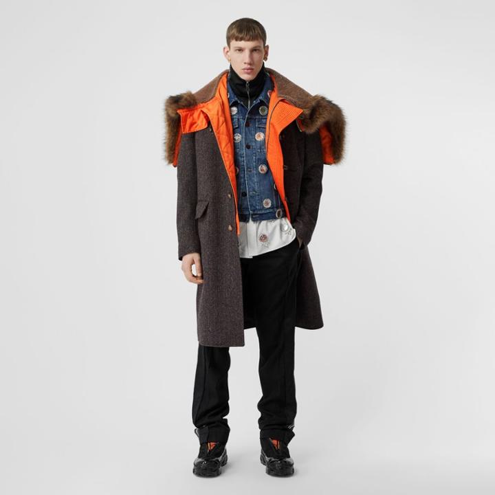 Burberry Burberry Detachable Hood Herringbone Wool Tailored Coat, Size: 56, Brown