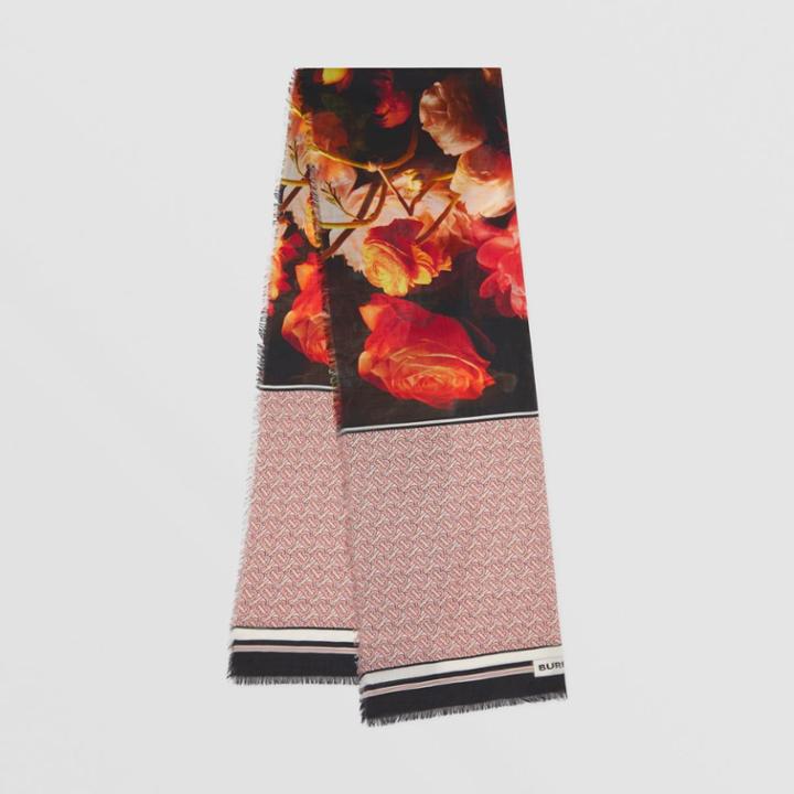Burberry Burberry Floral And Monogram Print Wool Silk Scarf, Pink