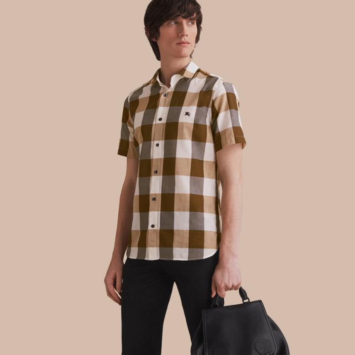 Burberry Burberry Short-sleeved Exploded Gingham Cotton Linen Shirt, Brown