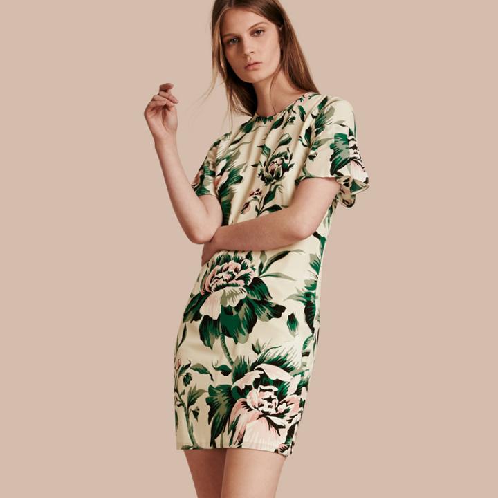 Burberry Burberry Peony Rose Silk Shift Dress With Ruffle Sleeves, Size: 08, Green