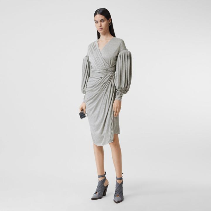 Burberry Burberry Puff-sleeve Jersey Wrap Dress, Size: 04, Grey