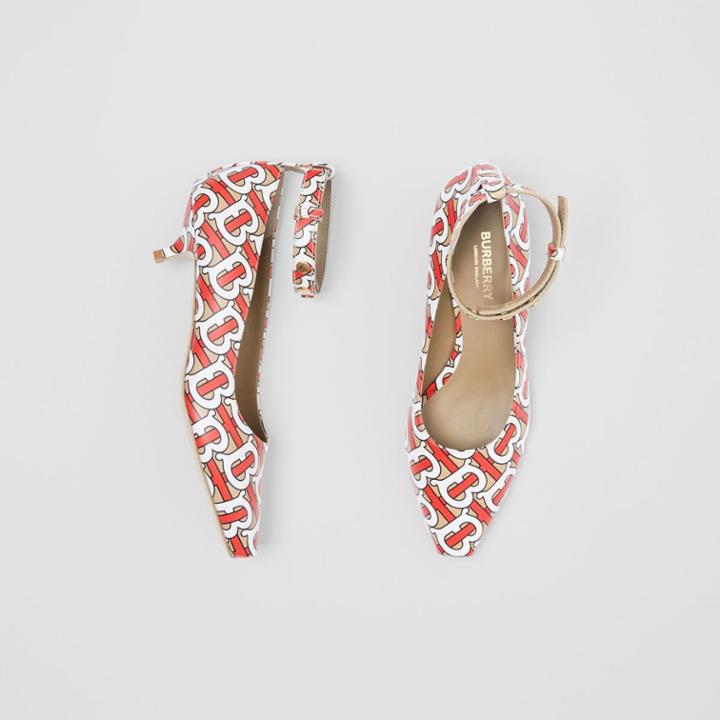 Burberry Burberry Monogram Print Leather Peep-toe Kitten-heel Pumps, Size: 37.5, Brown