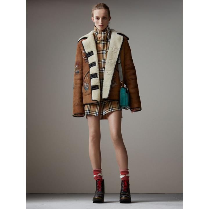 Burberry Burberry Sketch Print Shearling Jacket, Size: 10, Brown
