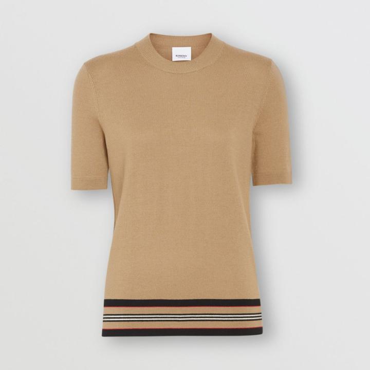 Burberry Burberry Short-sleeve Icon Stripe Detail Merino Wool Top, Brown