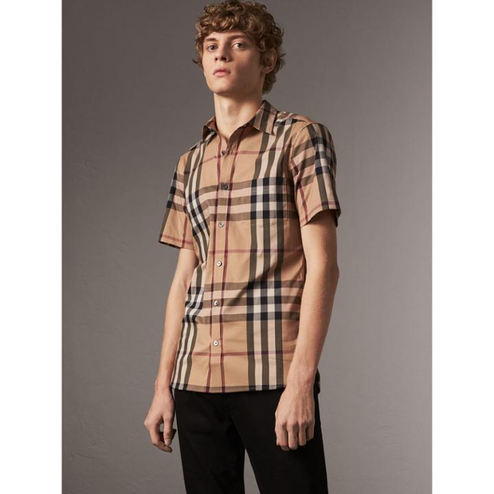 Burberry Burberry Short-sleeved Check Stretch Cotton Shirt, Size: Xs, Brown