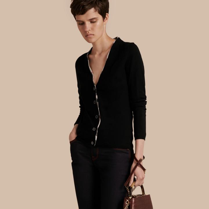 Burberry Burberry Check Placket Wool Cardigan, Size: M, Black
