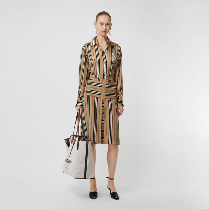 Burberry Burberry Box Pleat Detail Icon Stripe A-line Skirt, Size: 14, Beige