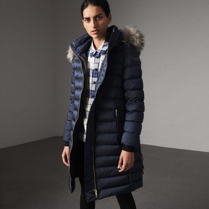 Burberry Burberry Detachable Fur Trim Down-filled Puffer Coat With Hood, Size: Xl, Blue