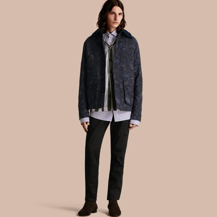 Burberry Burberry Floral Jacquard Field Jacket With Corduroy Collar, Size: 40, Blue