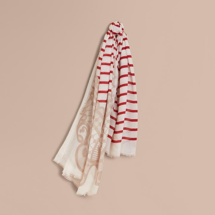 Burberry Burberry Lace And Breton Stripe Print Cashmere Silk Scarf, White