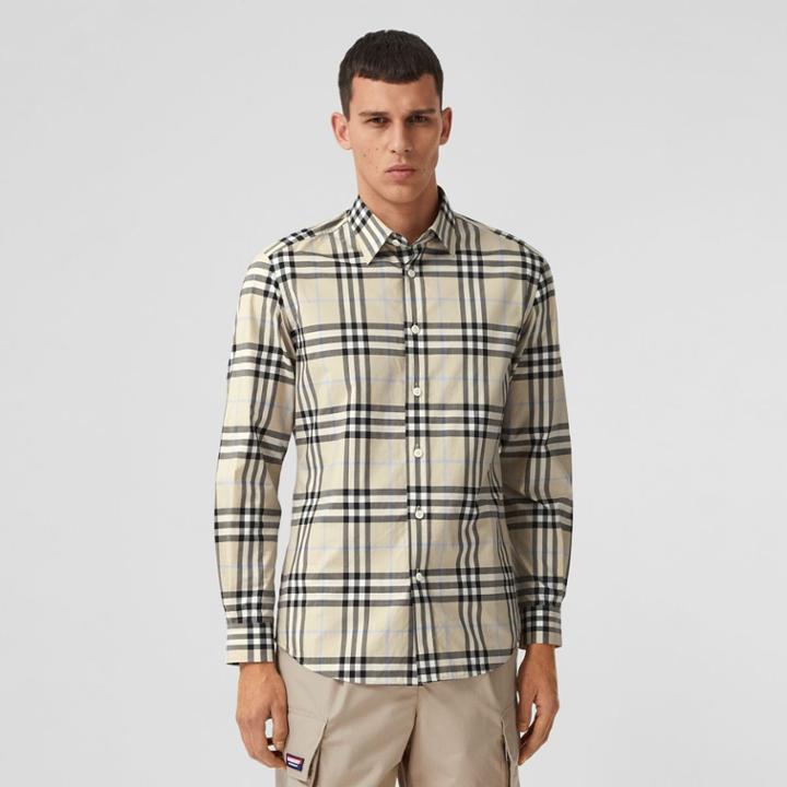 Burberry Burberry Check Cotton Poplin Shirt, Size: M, Beige