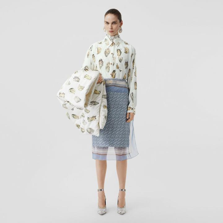 Burberry Burberry Embellished Oyster Print Silk Oversized Shirt, Size: 08, White