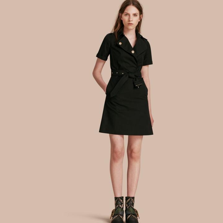 Burberry Burberry Short-sleeved Cotton Gabardine Trench Dress, Size: 08, Black