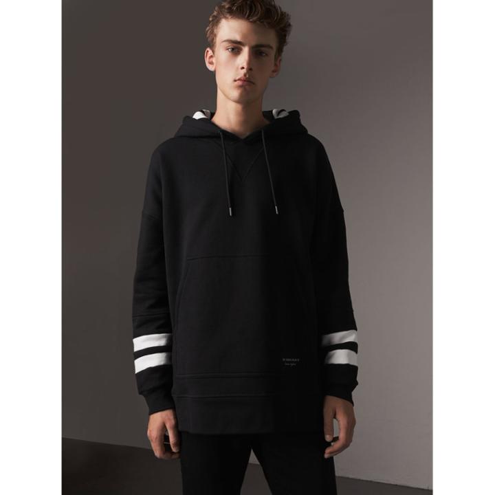 Burberry Burberry Bold Stripe Detail Oversize Hooded Sweatshirt, Black