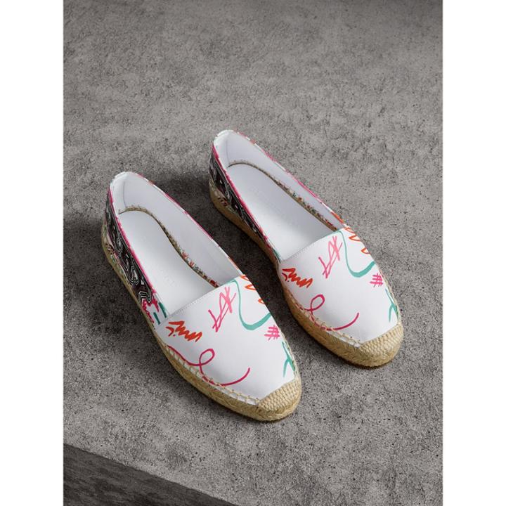 Burberry Burberry Doodle Print Coated Cotton Espadrilles, Size: 38, White