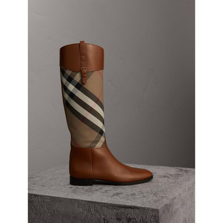 Burberry Burberry House Check And Leather Riding Boots, Size: 40, Brown